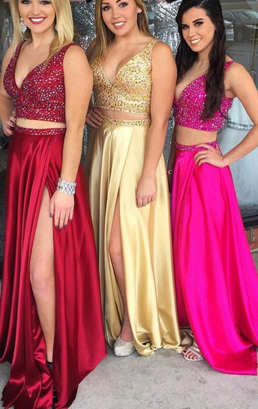 Two Pieces Long Prom Dress with Beading,Formal Dresses,Dance Dress
