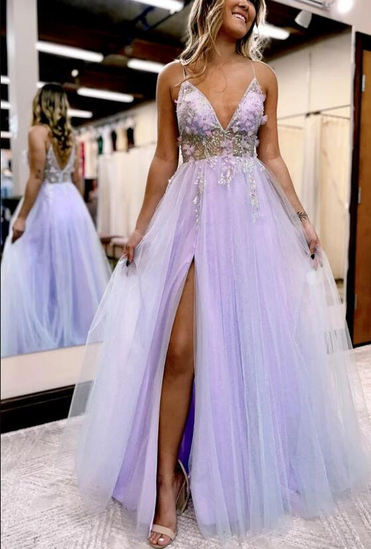 Straps Sexy Long Prom Dresses with Sheer Corset Bodice and Slit