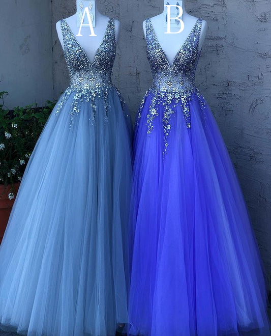 V-neck Tulle Prom Dresses Long with Beading