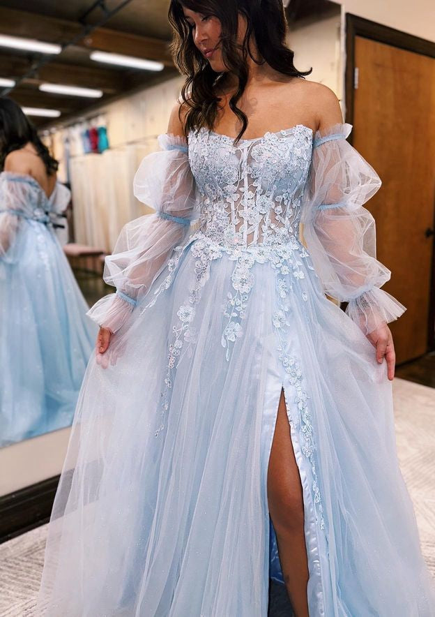Strapless Tulle/Lace Long Prom Dresses with Long Sleeves