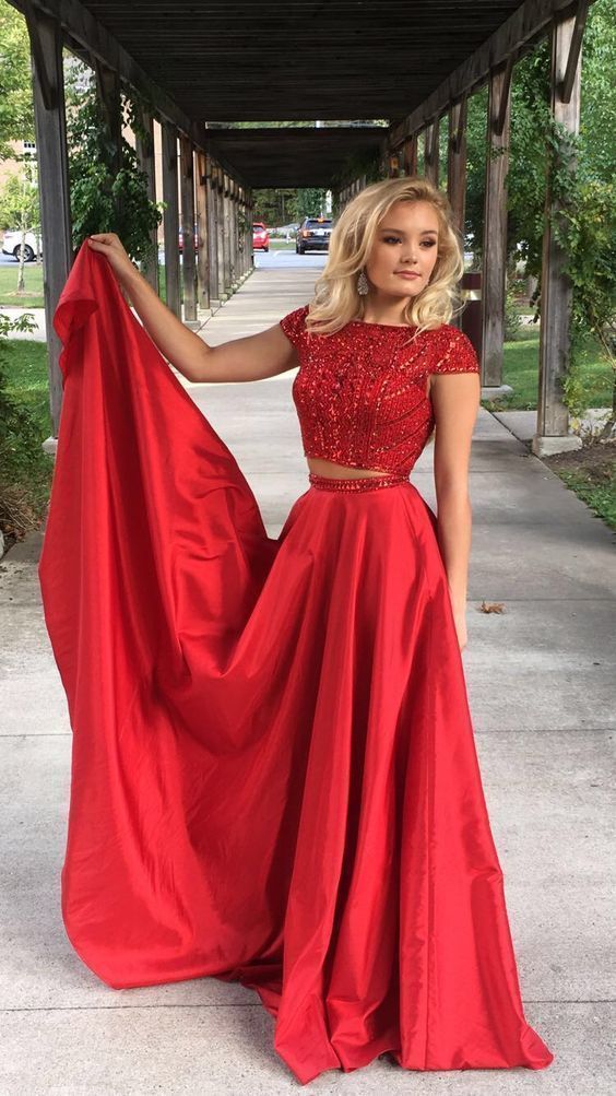 Red Two Pieces Prom Dress, Evening Dress, Dance Dresses, Graduation School Party Gown