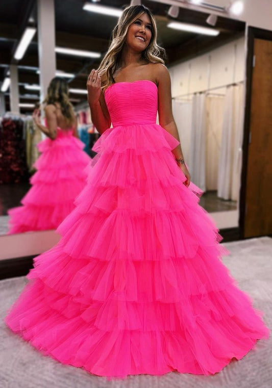 Strapless Tulle Long Prom Dresses Ruffle Skirt