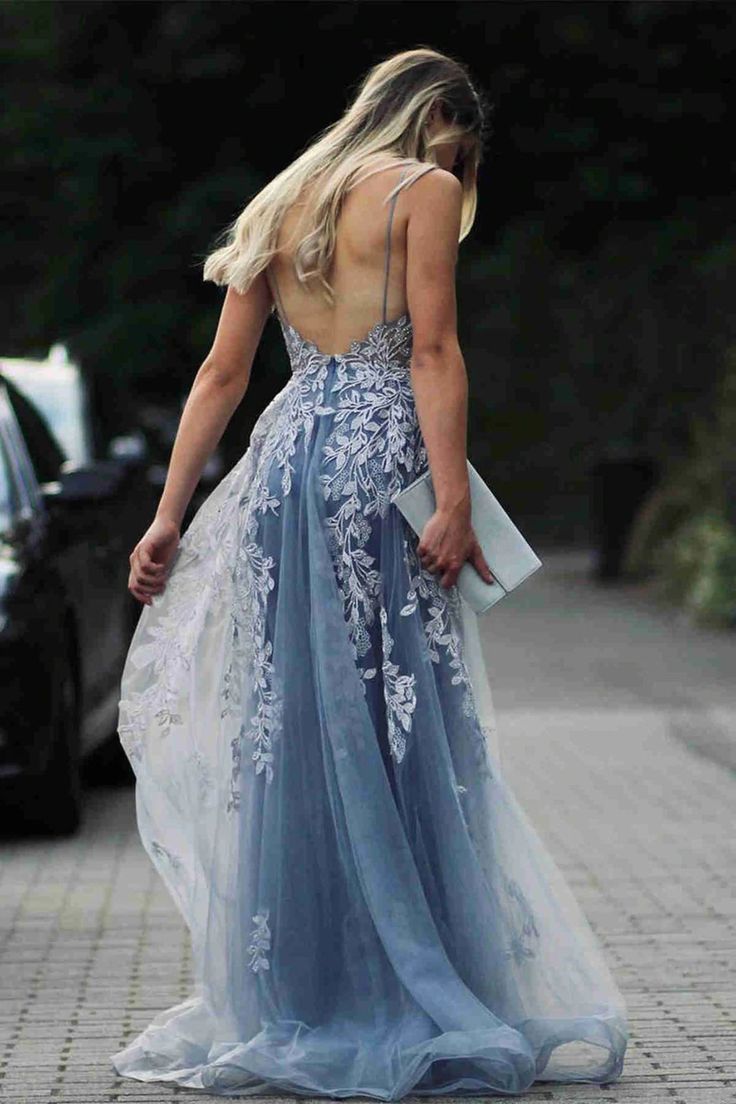 Straps Tulle/Lace Long Prom Dresses