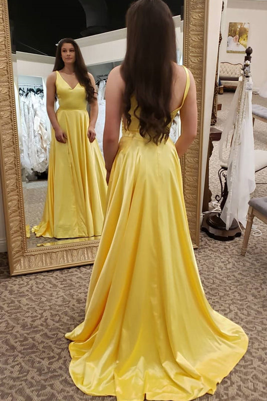 Yellow Prom Dress V Neckline, Prom Dresses, Pageant Dress, Evening Dress, Ball Dance Dresses, Graduation School Party Gown