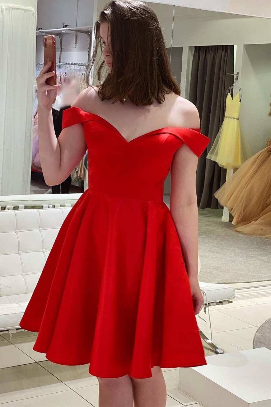 Red Hoco Dress Off The Shoulder Straps, Homecoming Dresses, Short Prom Dress, Formal Outfit, Back to School Party Gown