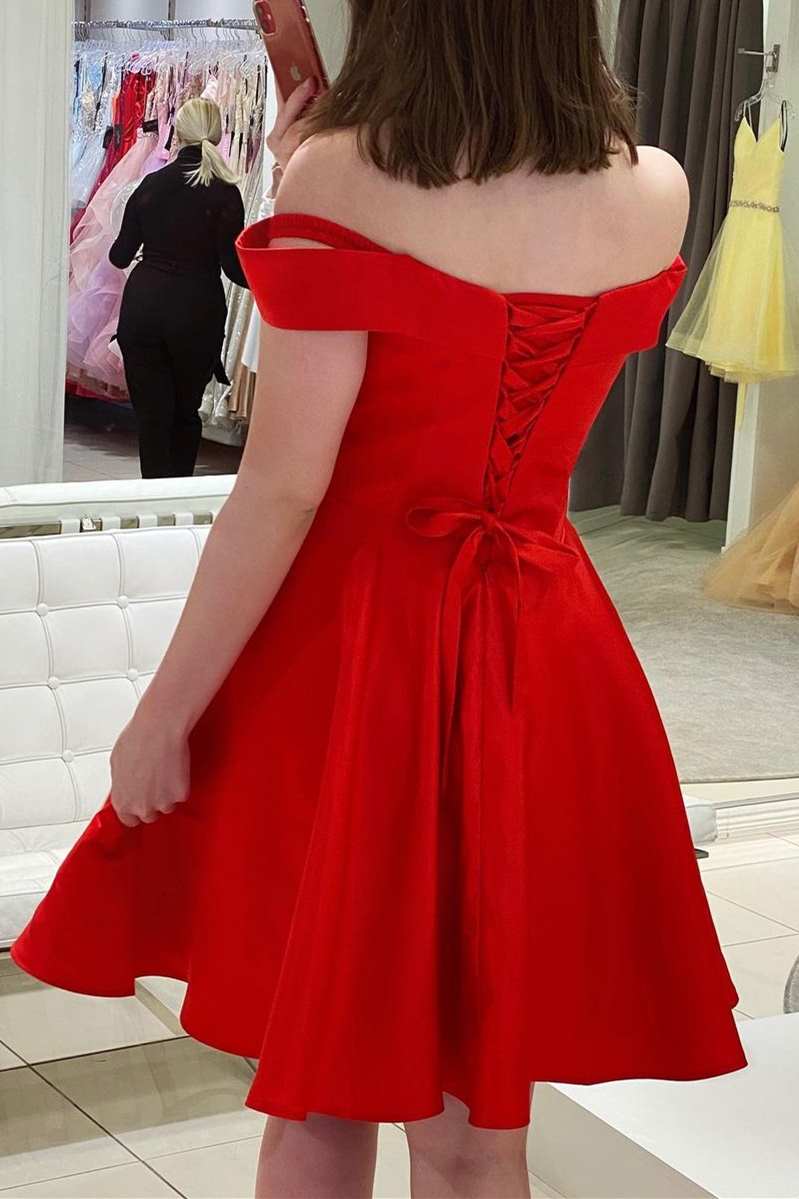 Red Hoco Dress Off The Shoulder Straps, Homecoming Dresses, Short Prom Dress, Formal Outfit, Back to School Party Gown