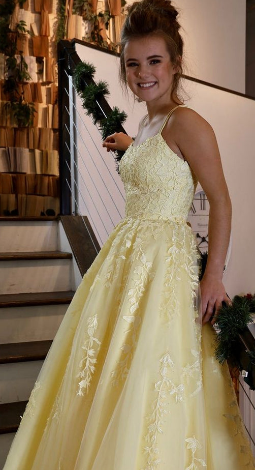Yellow Lace Prom Dress, Prom Dresses, Pageant Dress, Evening Dress, Ball Dance Dresses, Graduation School Party Gown