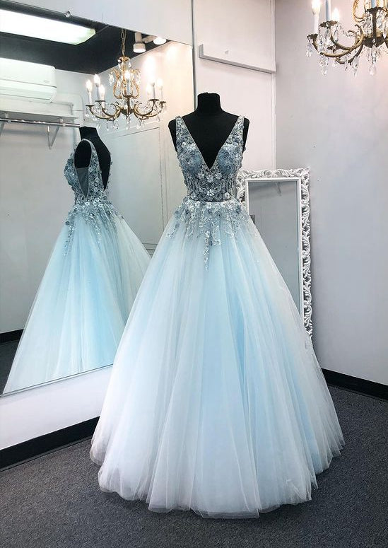 Tulle Long Prom Dress with Appliques and Beading,Prom Dresses,Pageant Dress