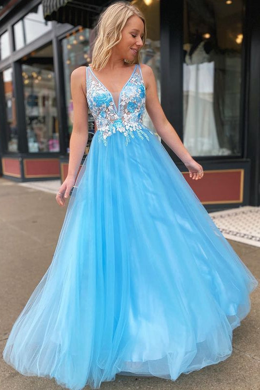 Tulle Long Prom Dress with Appliques,Prom Dresses,Pageant Dress