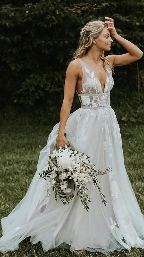 Elegant Boho Wedding Dresses Plus Size Lace Applique V-Neck Backless Bridal  Gown | eBay