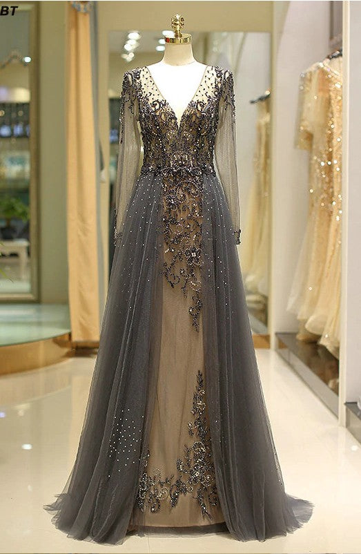 Unique Prom Dress Long Sleeves Tulle V-neck Neckline Floor-length A-line,Evening Dress, Formal Dress