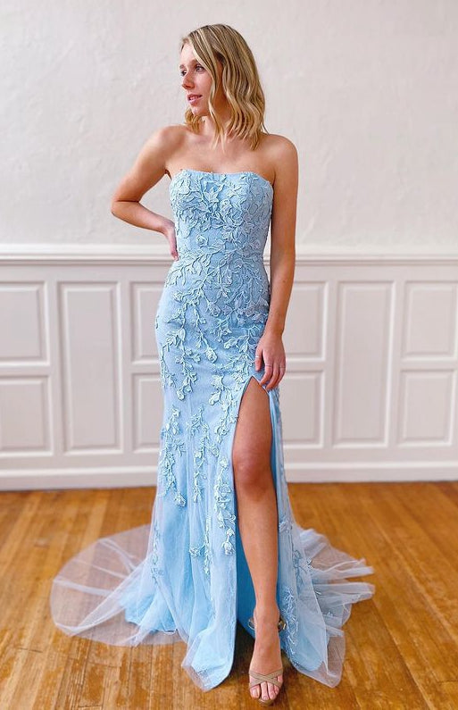 Strapless Tulle Long Prom Dress with Appliques and Beading,Prom Dresses,Pageant Dress