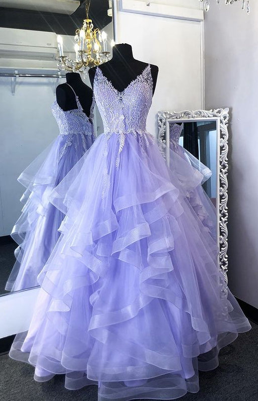 V-neck Long Prom Dress with Appliques,Prom Dresses,Pageant Dress