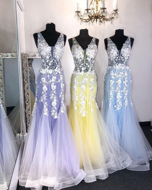 Mermaid Tulle Long Prom Dress with Appliques and Beading,Prom Dresses,Pageant Dress