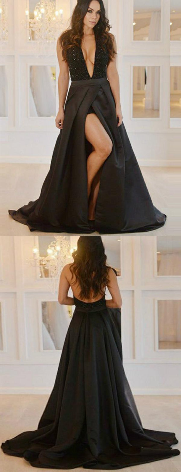 Sexy Black Prom Dress Slit Skirt, Evening Dress, Dance Dresses, Graduation School Party Gown