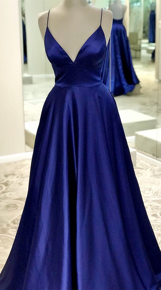 Blue Prom Dress Low Cut 2021, Formal Dress, Evening Dress, Dance Dresses, Graduation Party Dress