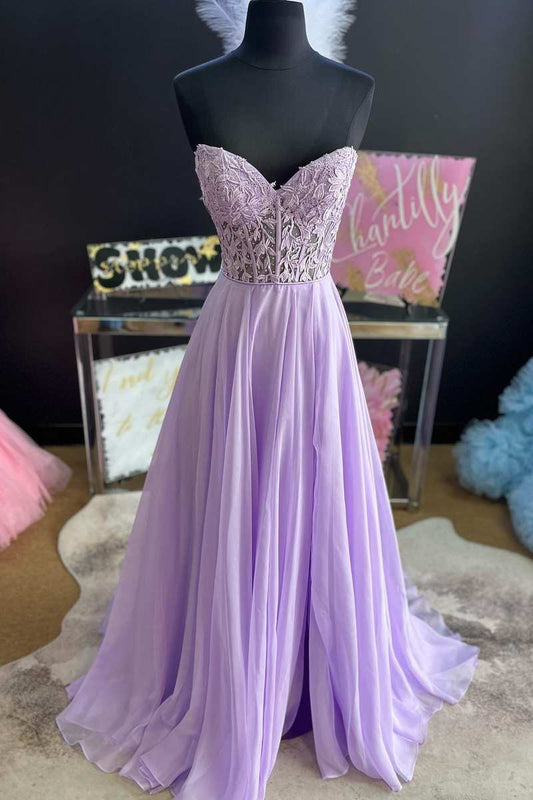 Lilac Strapless Chiffon Long Prom Dresses with Lace Bodice