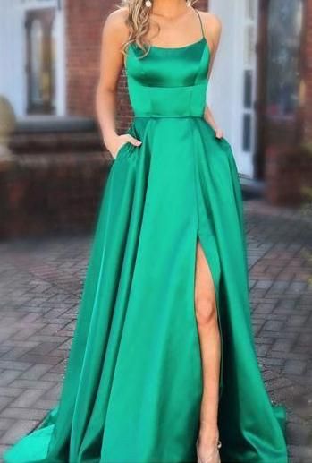 Green Prom Dress Slit Skirt, Evening Dress, Graduation School Party Gown