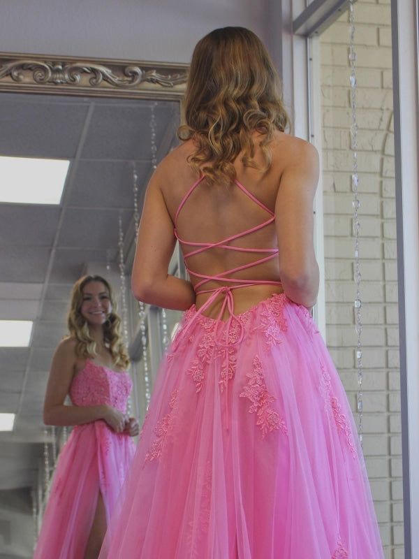Straps Prom Dresses Long with Slit and Lace-up Back