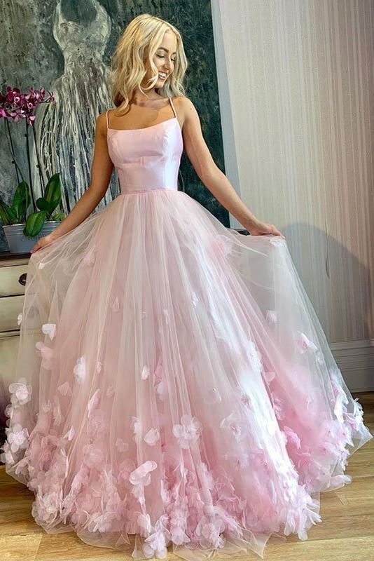 Spaghetti Straps Pink Floral Long Prom Dress