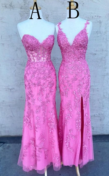 Hot Pink Leaf Lace Long Prom Dress