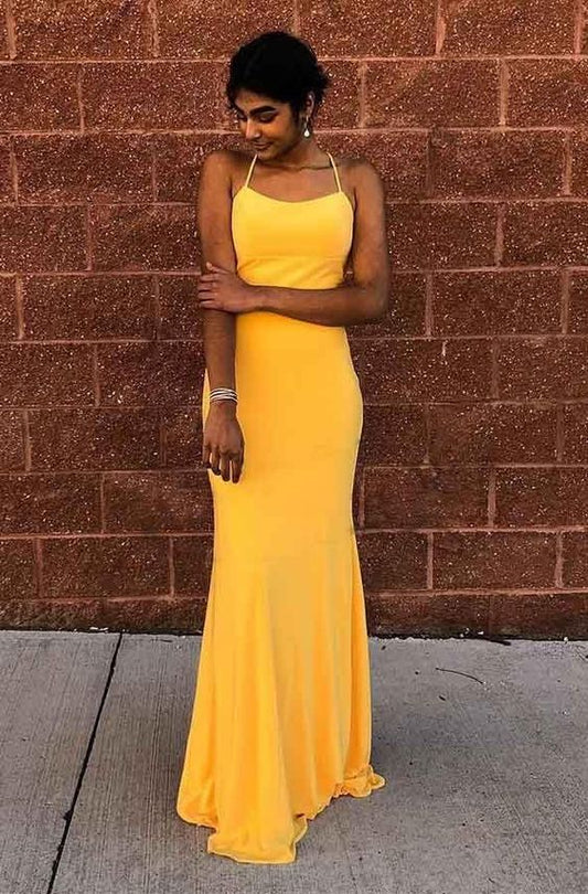 Sheath Yellow Halter Backless Lace Up Long Prom Dresses