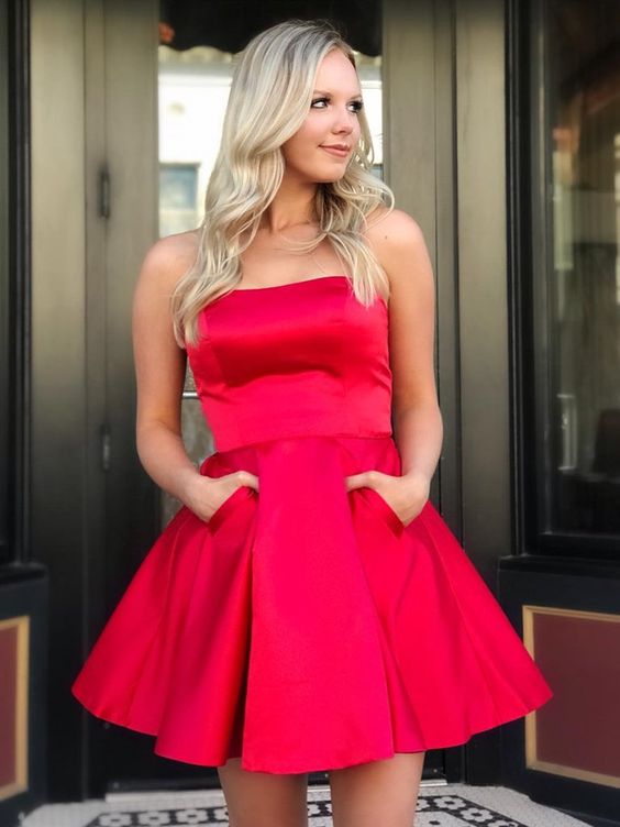 Red Homecoming Dress with Pockets, Short Prom Dress ,Back To School Party Dress, Evening Dress, Formal Dress