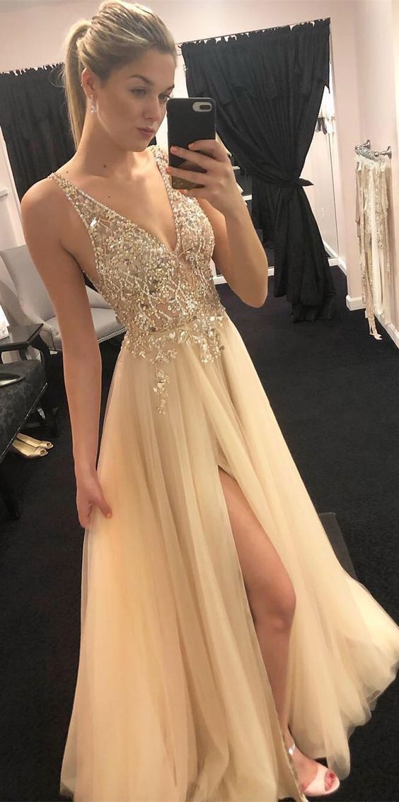 Sexy Beaded Prom Dress Long,Dance Dresses, Graduation School Party Gown