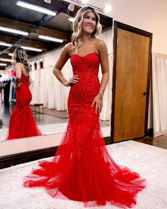 2023 Red Mermaid Lace Prom Dresses Homecoming Dresses DT1599