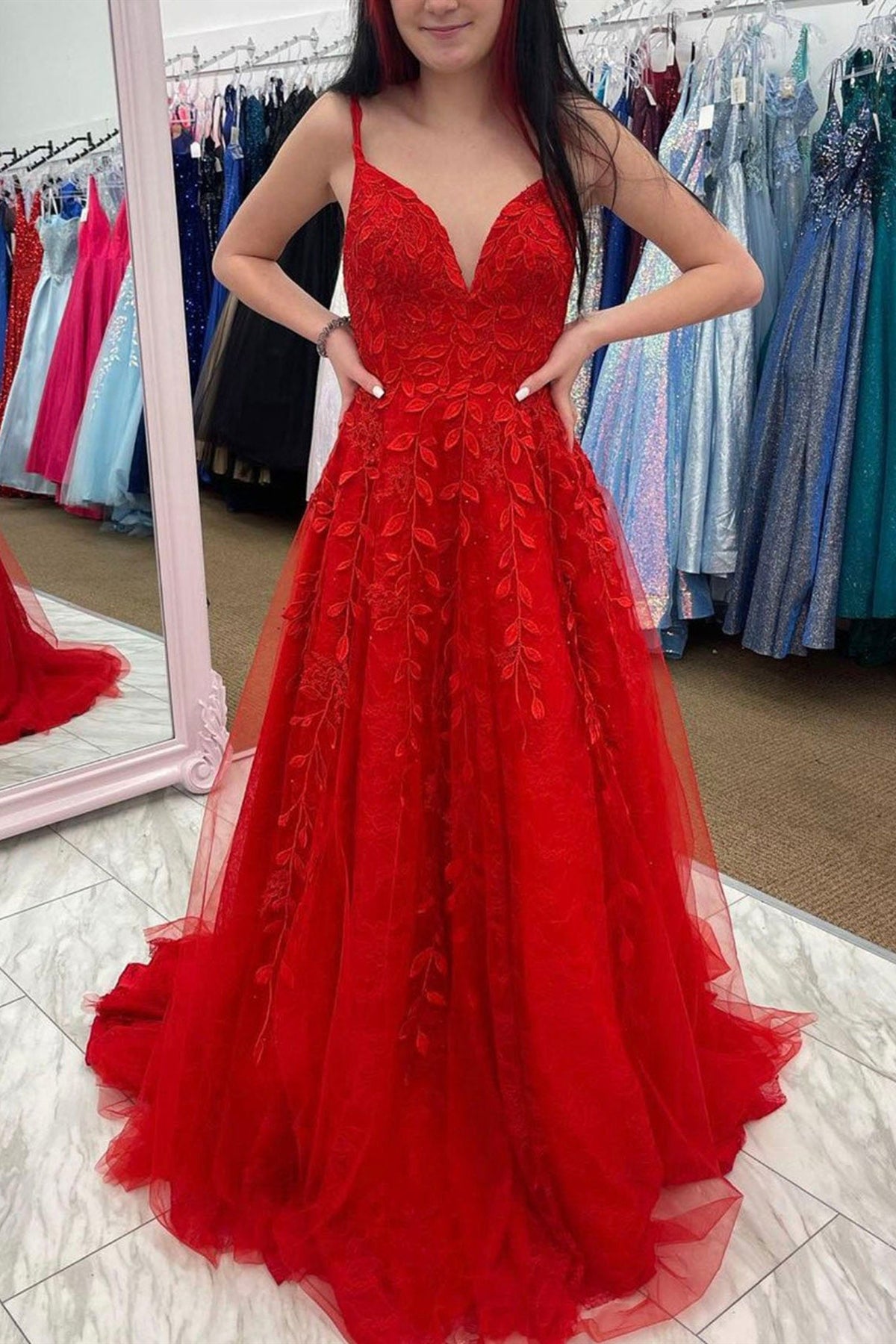Red Lace Prom Dresses Long, Prom Dress, Dance Dresses, Graduation School Party Gown