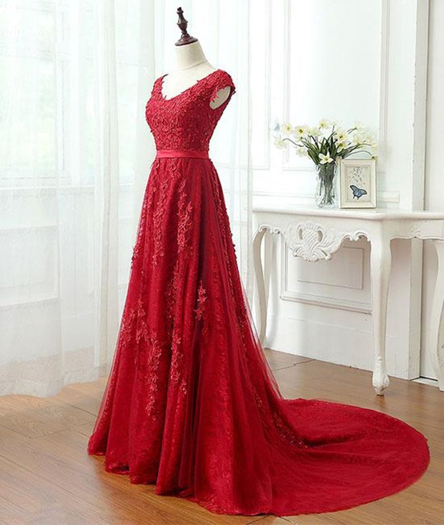 Red Lace Prom Dress Cap Sleeves Formal Dress, Evening Dress, Dance Dresses