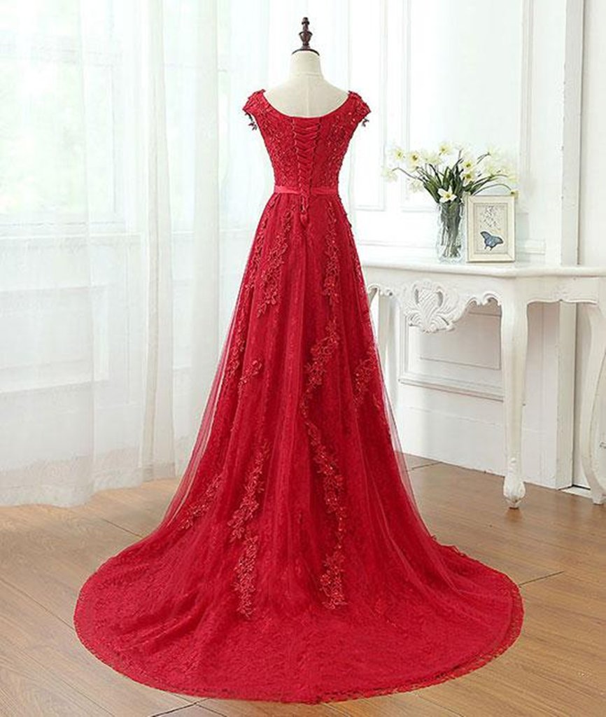 Red Lace Prom Dress Cap Sleeves Formal Dress, Evening Dress, Dance Dresses