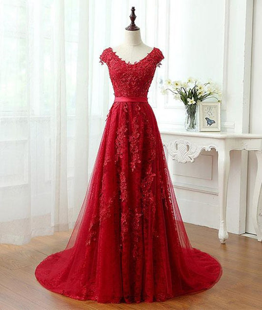 Red Lace Prom Dress Cap Sleeves Formal Dress, Evening Dress, Dance Dresses