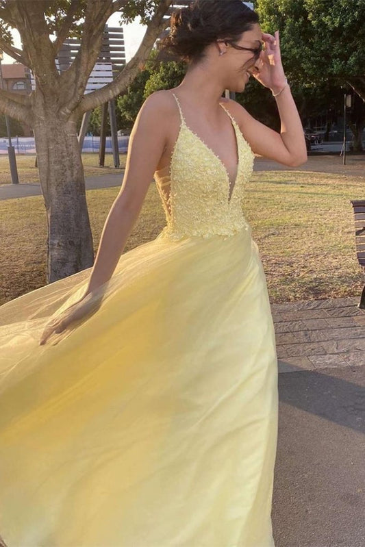 Yellow Prom Dresses Low Cut 2022, Evening Dress, Formal Dress, Dance Dresses, Graduation School Party Gown