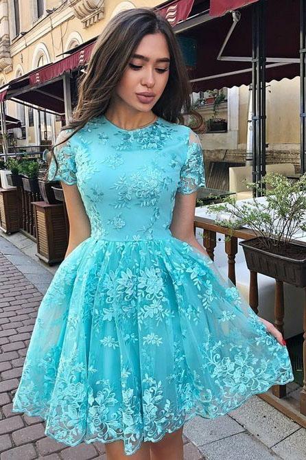 Lace Homecoming Dress with Sleeves, Short Prom Dress ,Back To School Party Dress, Evening Dress, Formal Dress