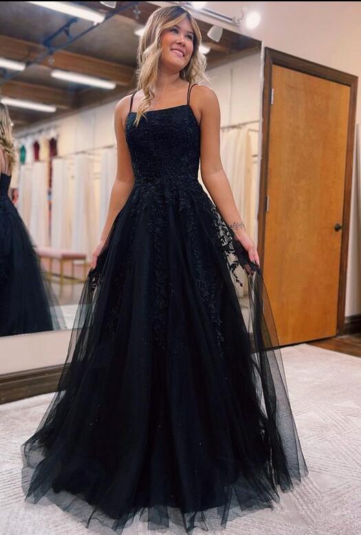 Straps Leaf Lace Black Long Prom Dresses