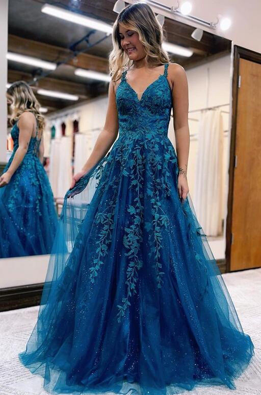 Straps Leaf Lace Long Prom Dresses