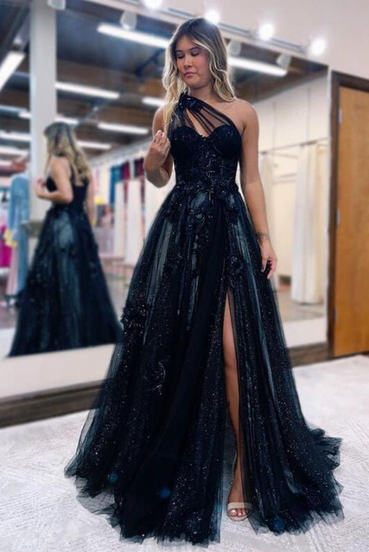 One Shoulder Black Long Prom Dresses with Slit