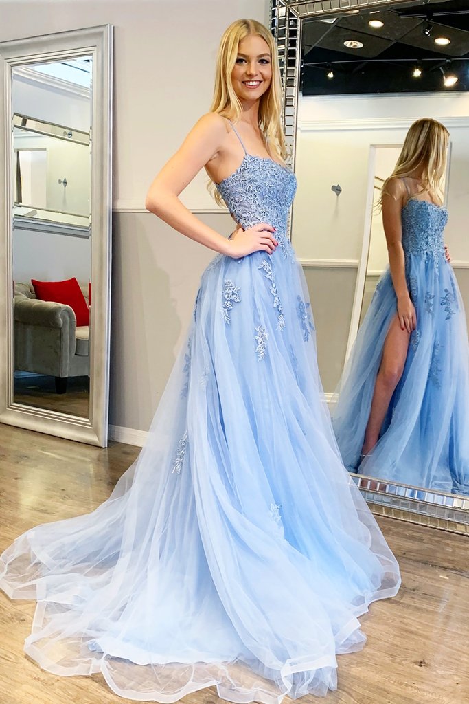 Gorgeous Backless Light Blue Floral Lace Long Prom Dress with Slit,Formal Dresses,Dance Dress
