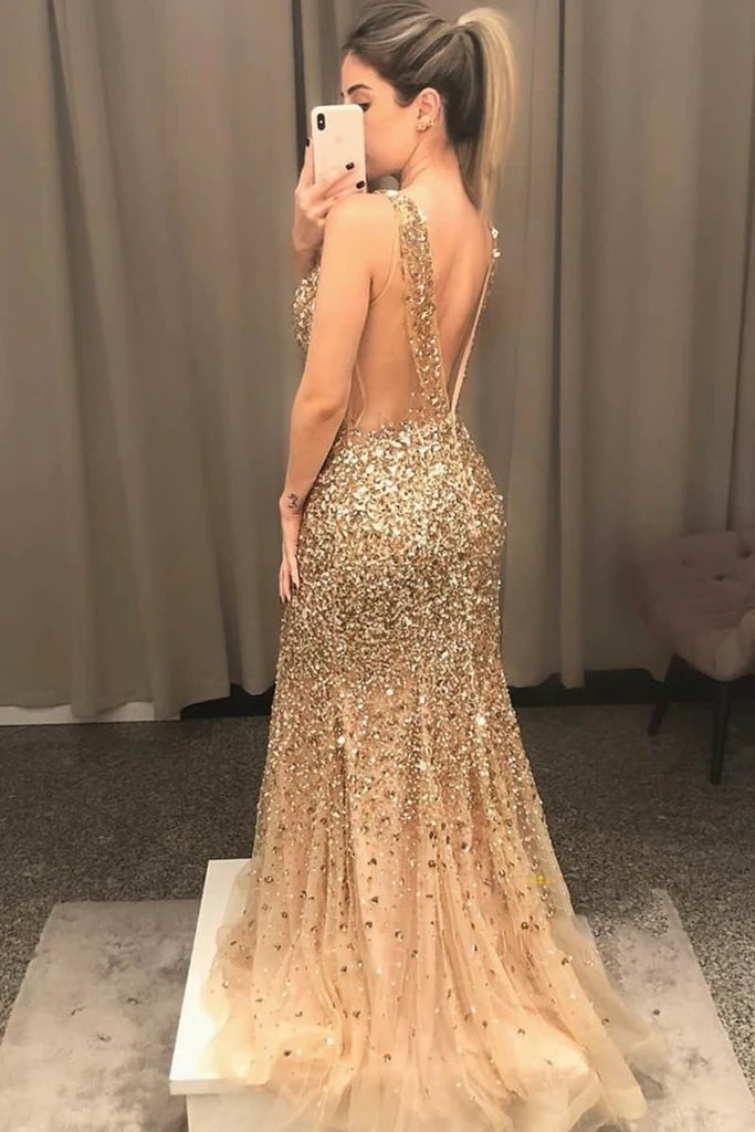 Gold Beaded Prom Dress, Formal Dress, Evening Dress, Dance Dresses