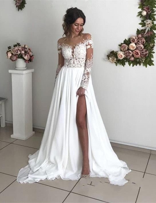 Sexy Long Sleeves Wedding Dress Slit Skirt, Bridal Gown ,Bride Dress, Dresses For Brides