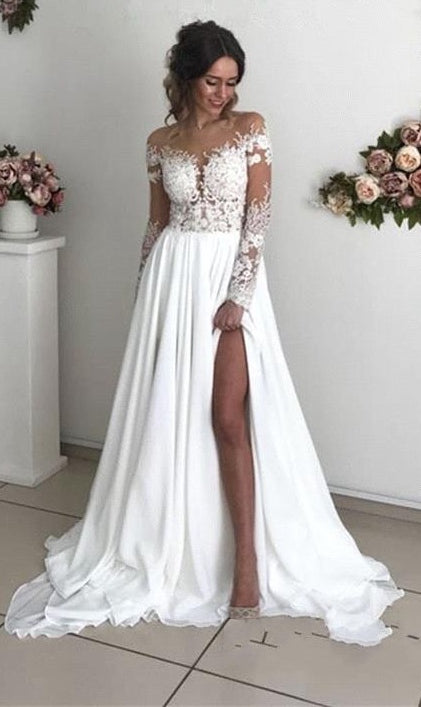Sexy Long Sleeves Wedding Dress Slit Skirt, Bridal Gown ,Bride Dress, Dresses For Brides