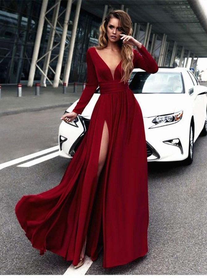 Burgundy Prom Dress Long Sleeves Formal Dress, Evening Dress, Dance Dresses