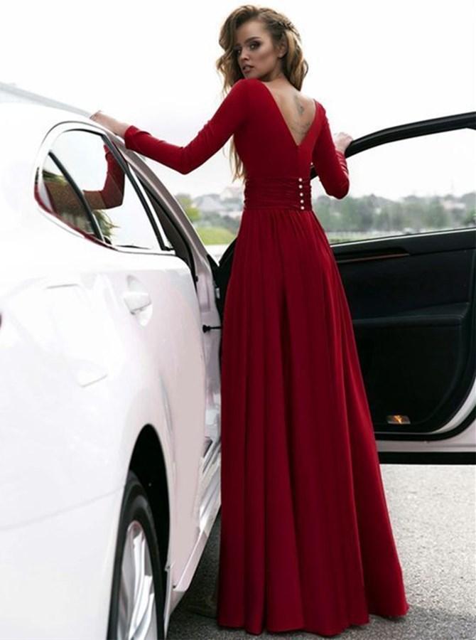Burgundy Prom Dress Long Sleeves Formal Dress, Evening Dress, Dance Dresses