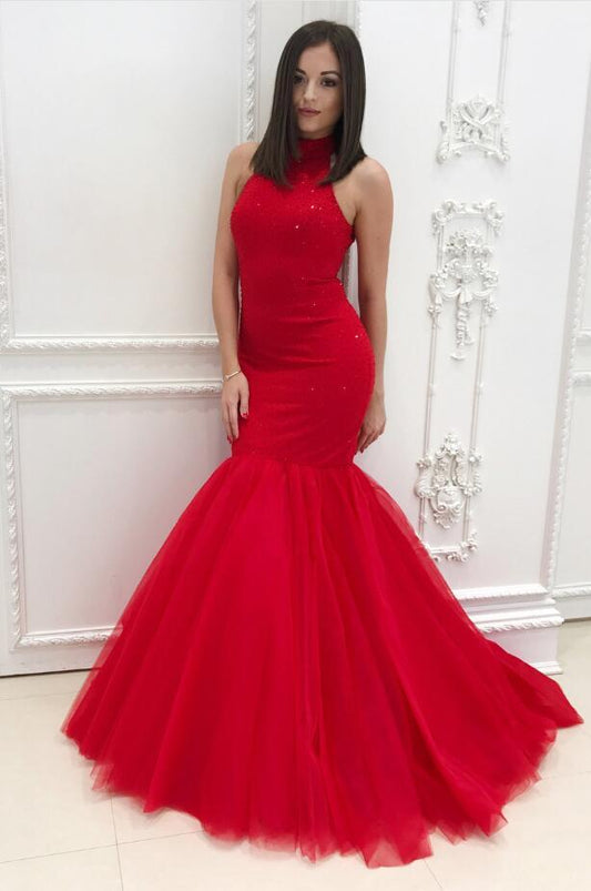 Red Fitted Prom Dress Halter Neckline, Evening Dress, Formal Dresses, Graduation School Party Dance Dress