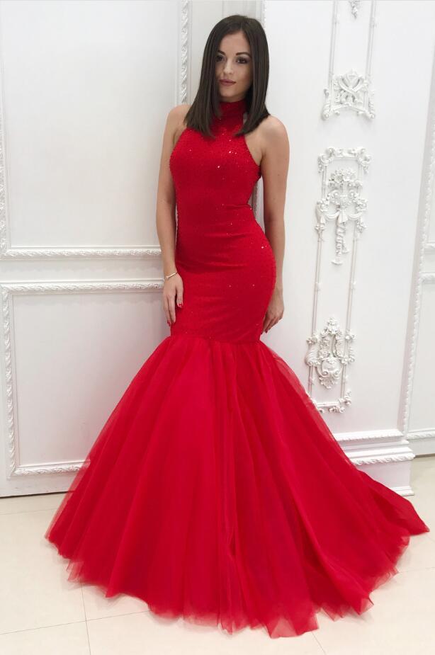 Red Fitted Prom Dress Halter Neckline, Evening Dress, Formal Dresses