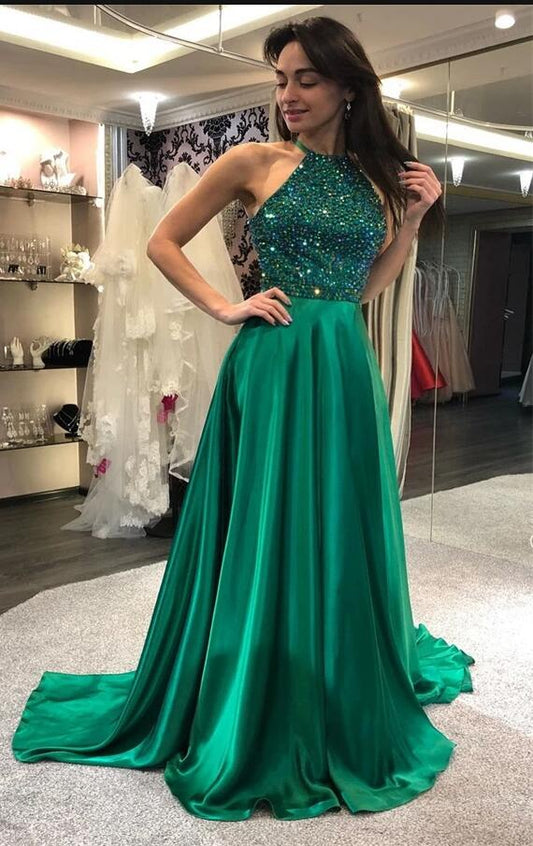Green Prom Dress Halter Neckline, Pageant Dress, Evening Dress, Dance Dresses, Graduation School Party Gown