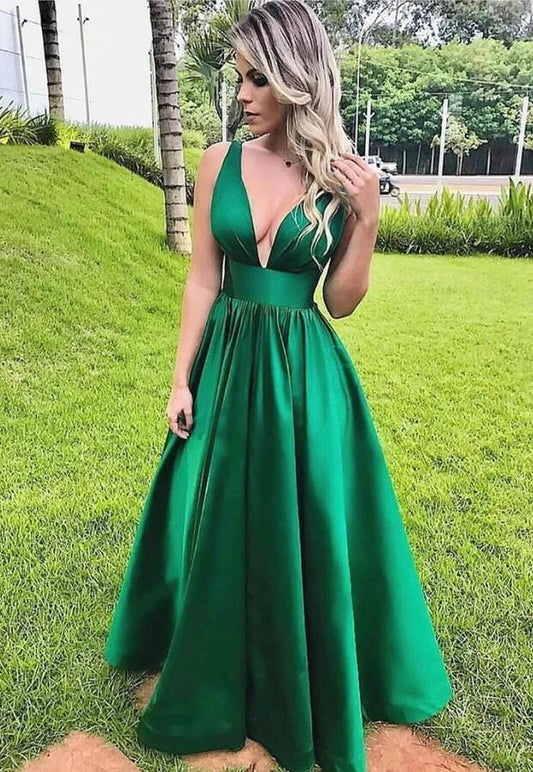 Green Prom Dress Deep V Neckline, Pageant Dress, Evening Dress, Dance Dresses, Graduation School Party Gown