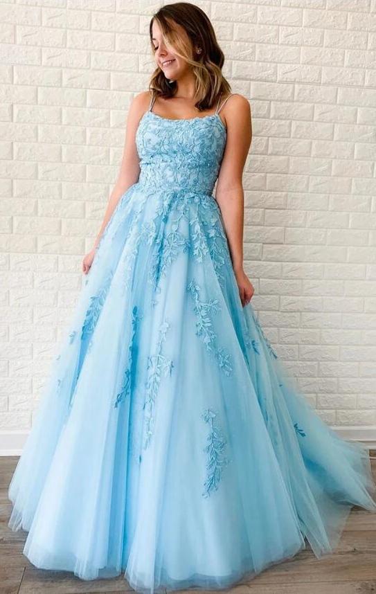 Light Blue Prom Dress with Straps, Prom Dresses, Pageant Dress, Evening Dress, Ball Dance Dresses, Graduation School Party Gown
