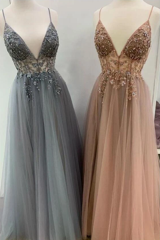 A Line V Neck Grey Beaded Long Prom Dress with Split,Formal Dresses,Dance Dress DT0986